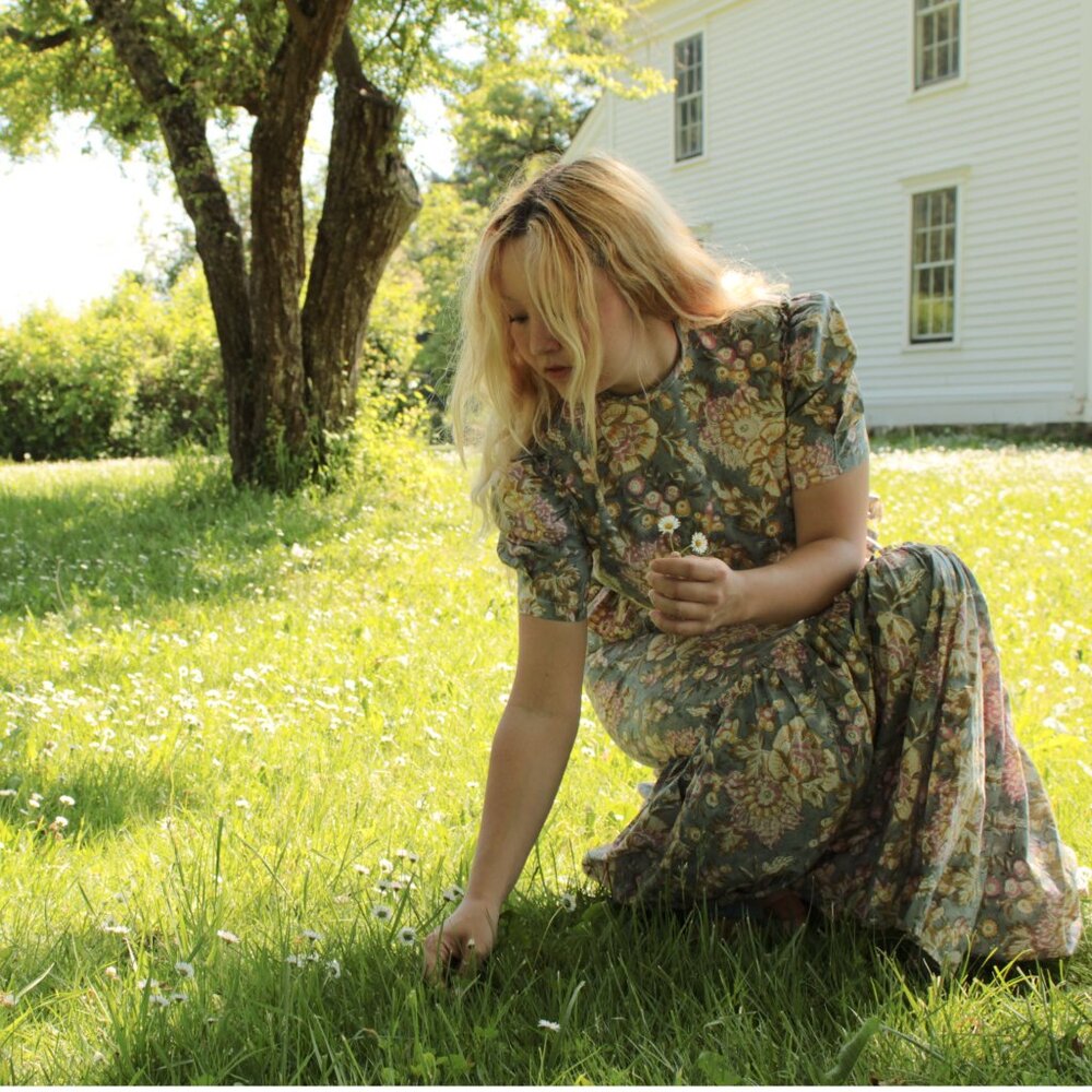Block print summer dress with waist ruffle